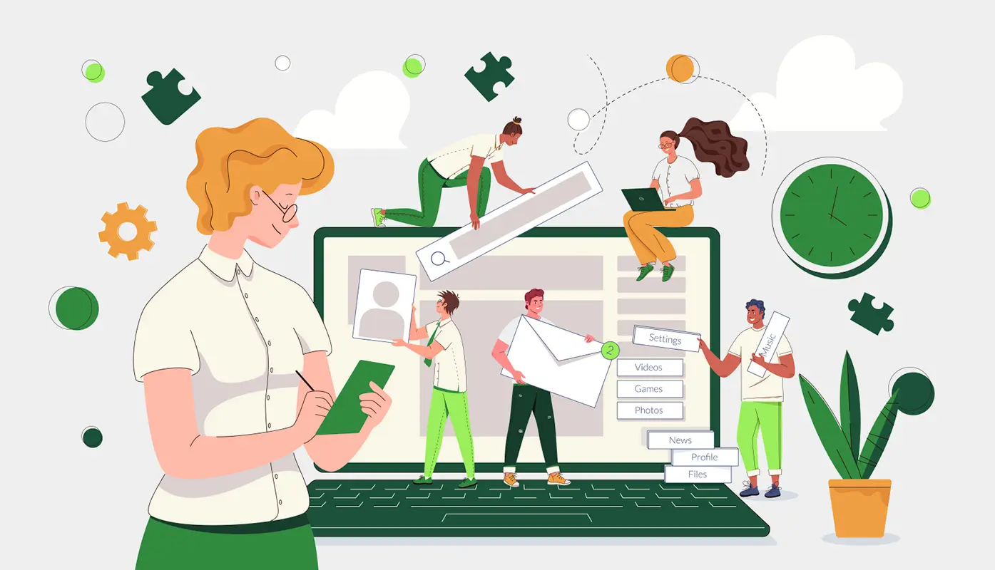 Illustration mit einem geöffneten Laptop im Fokus. Mehrere Menschen unterschiedlicher Körpergröße sind um den Laptop positioniert. Sie stellen die Zusammenarbeit in einem Team dar.