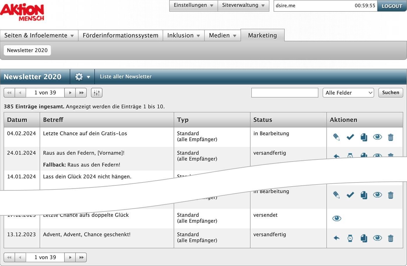 Listenansicht im Content Management System des Newsletters