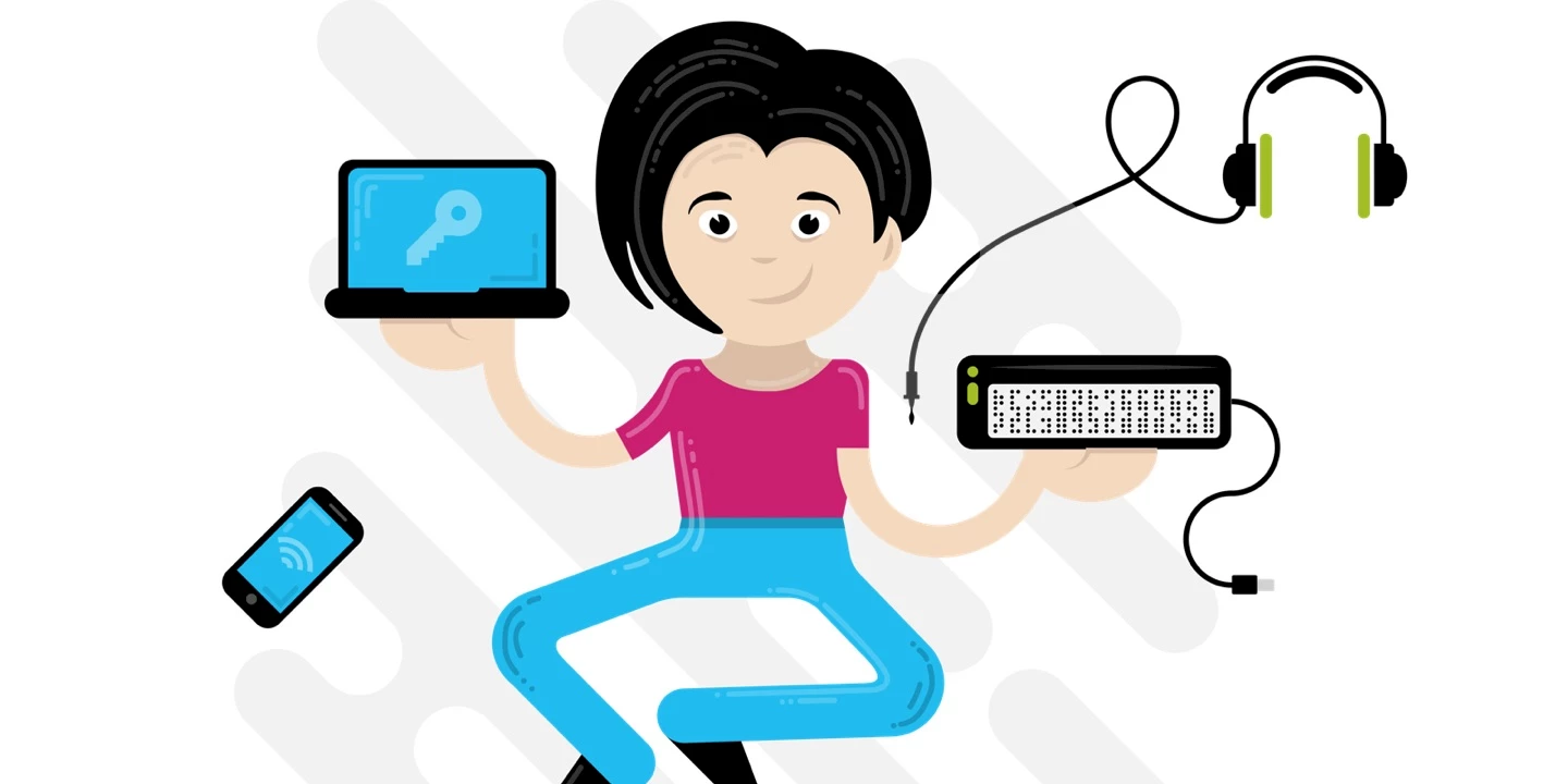 Gezeichnete Illustration einer Person mit verschiedenen Geräten um sie herum: Laptop, Smartphone, Braille-Zeile, Kopfhörer