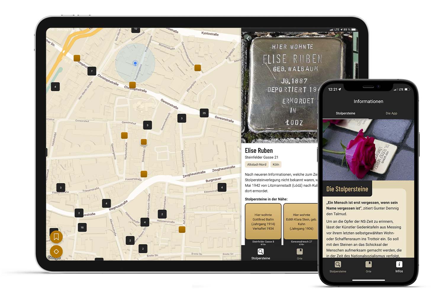 Stolpersteine App mit zwei beispielhaften Ansichten (Karte, Erklärung der App) in einem Tablet und einem Smartphone