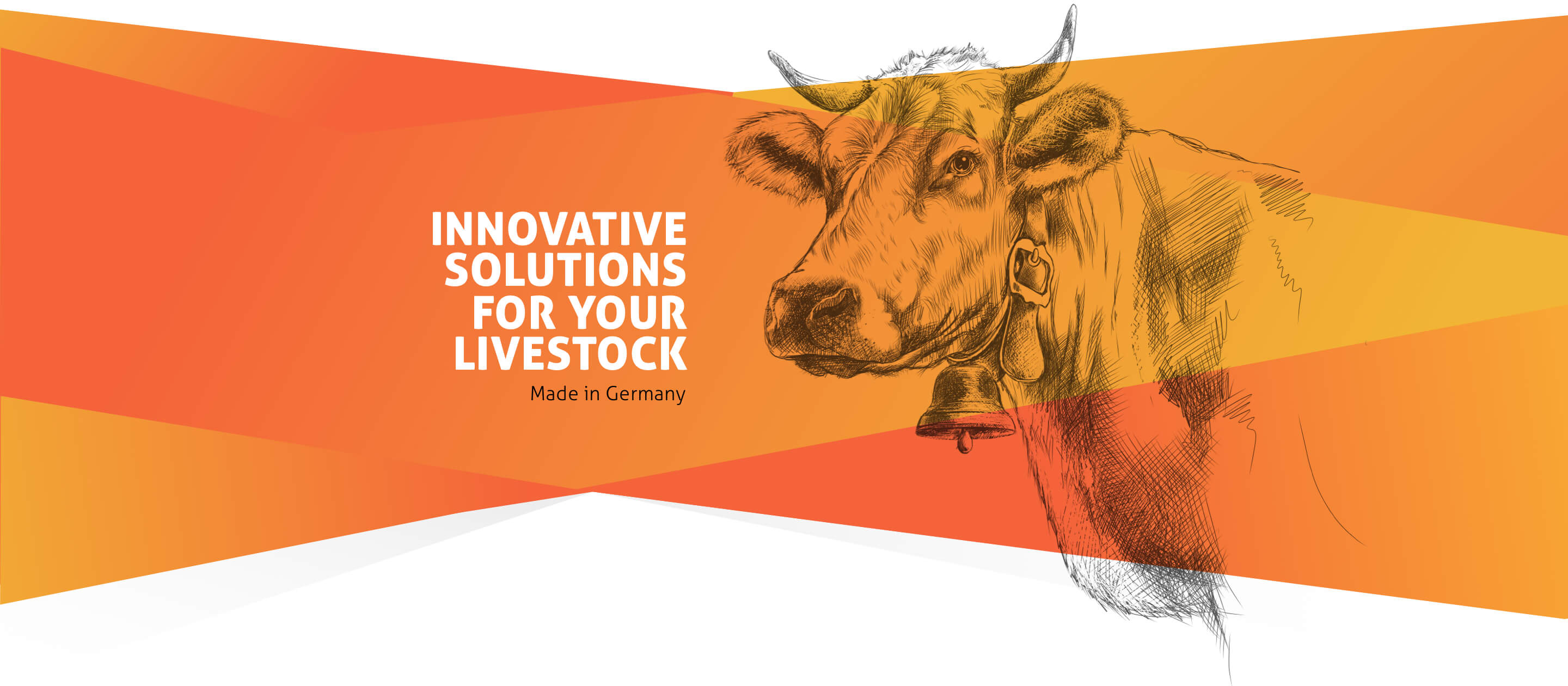Ein schwarz-weiß gezeichnetes Rind mit Hörnern und einer Glocke um den Hals. Vor dem Rind ist eine Farbfläche platziert, die den englischen Text “Innovative Solutions for your Livestock – made in Germany” enthält.