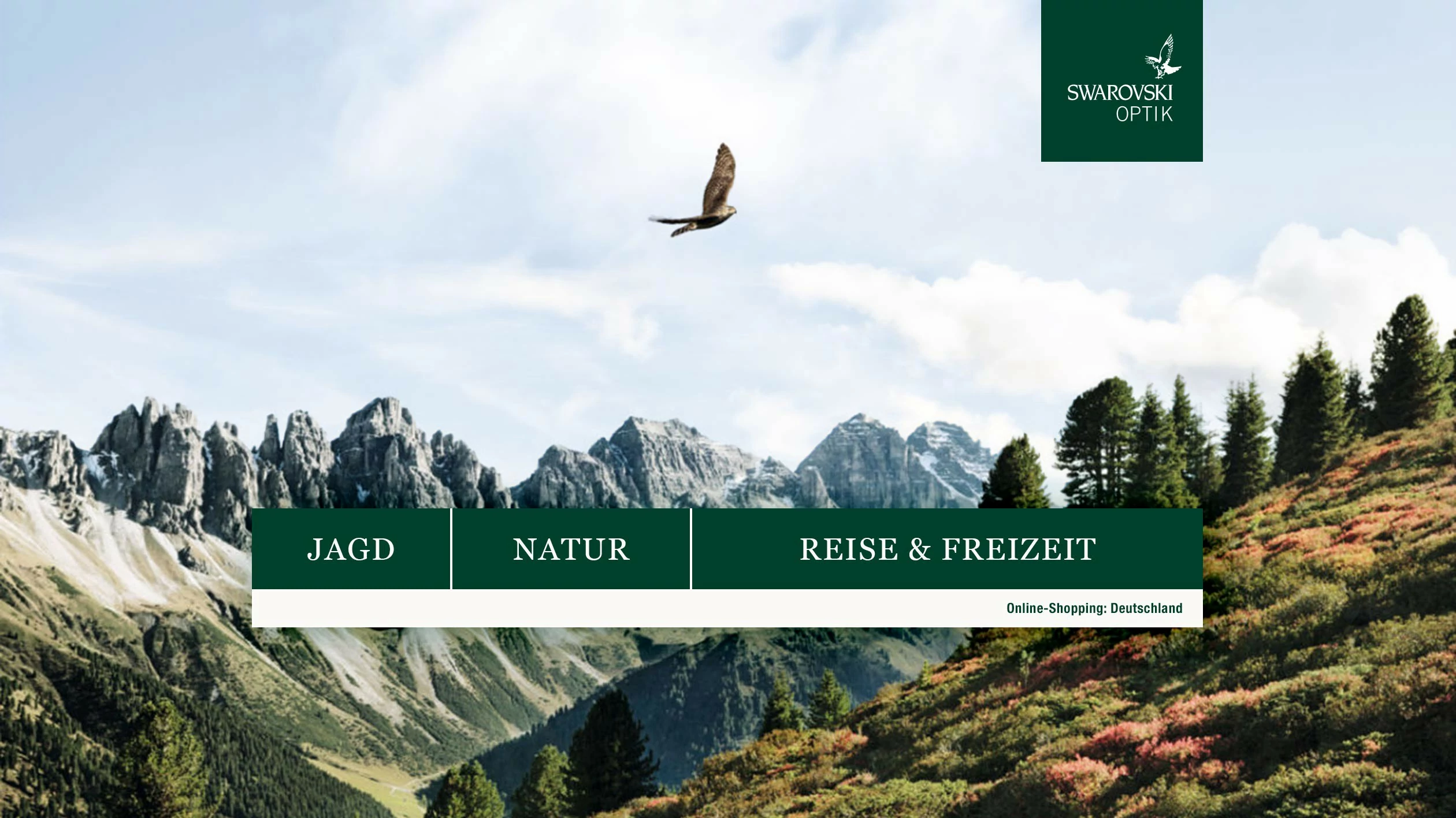 Startseite des Online Shops mit der Auswahl Jagd, Natur bzw. Reise und Freizeit. Im Hintergrund befindet sich eine Alpenlandschaft mit einem fliegenden Raubvogel.