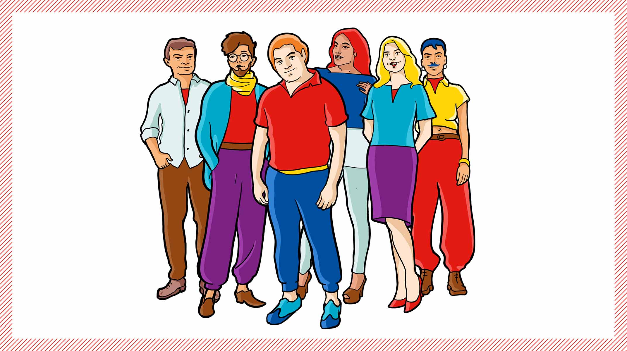Eine farbenfrohe Illustration von sechs stehenden Menschen mit unterschiedlichen Geschlechtern, verschiedenen Hautfarben und diversen Haarfarben.