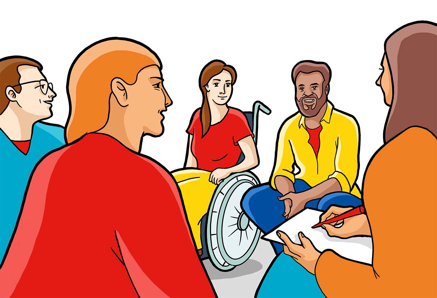 Eine Illustration von 5 Menschen mit bunten Kleidern in einem Gesprächskreis. Ein Mensch sitzt in einem Rollstuhl. Ein Mensch trägt ein Kopftuch und hält Zettel und Stift, um Notizen zu machen.