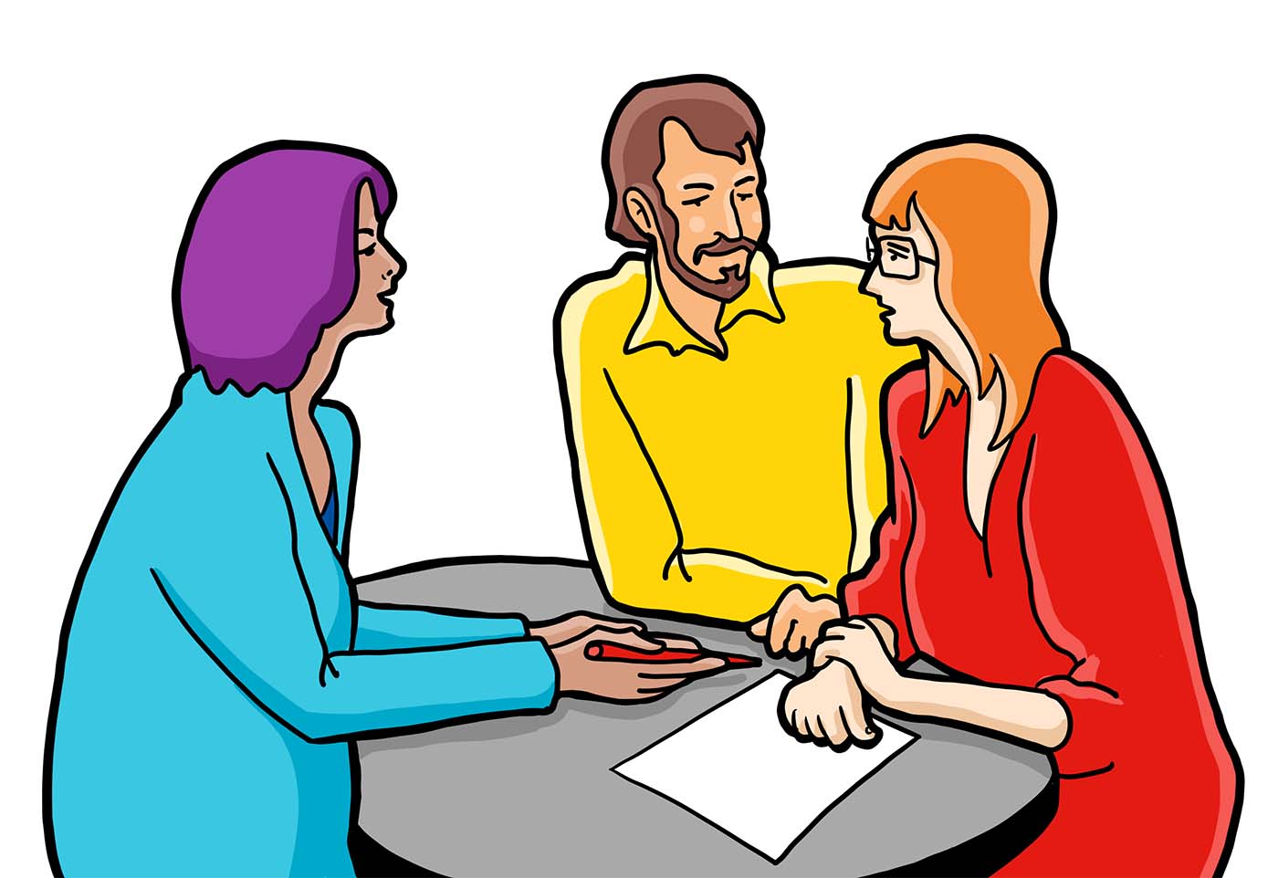 Eine Illustration von einem Mann und einer Frau, die an einem Tisch sitzen und sich von einer Frau beraten lassen.