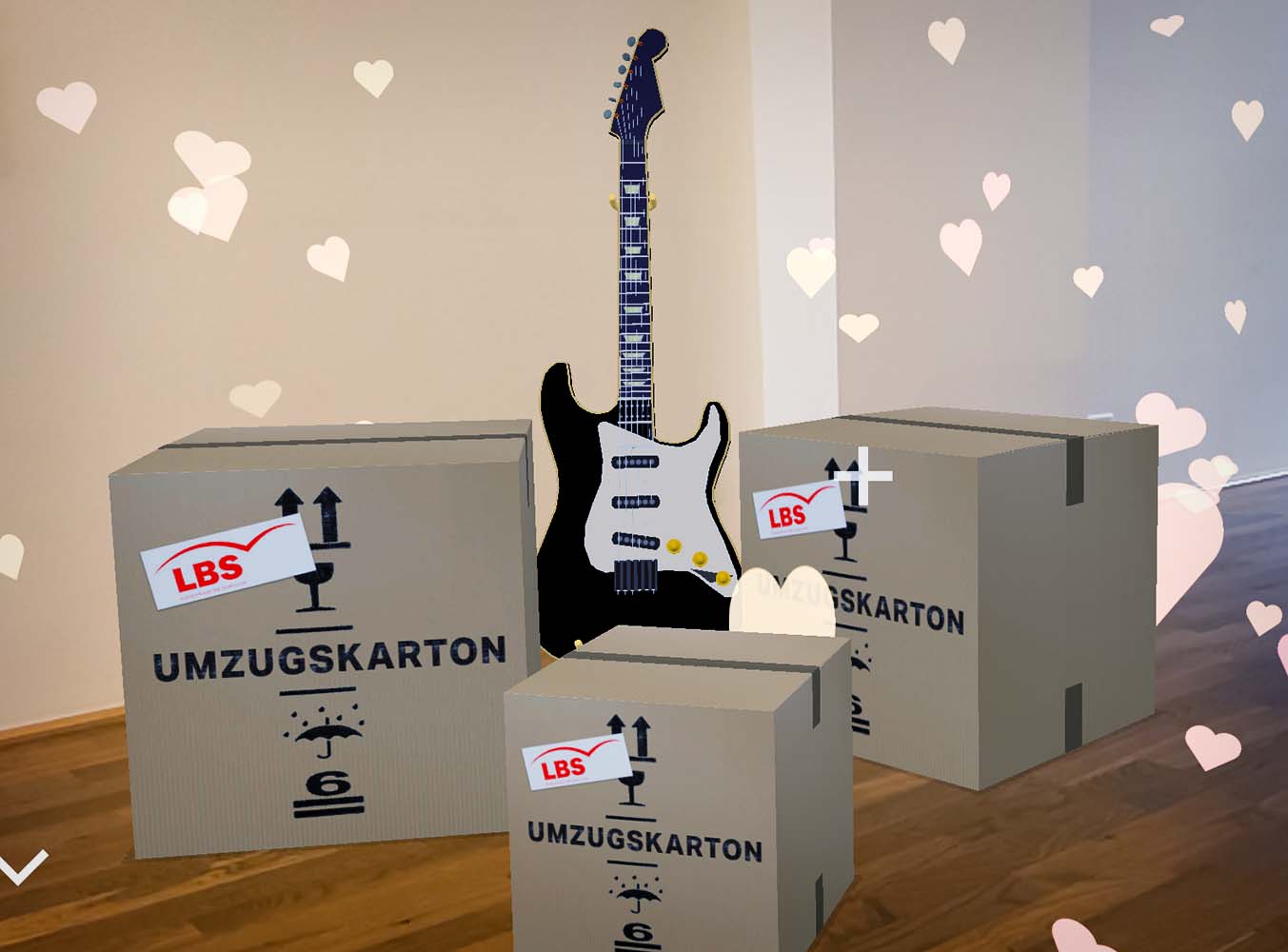 A room with a white wall and parquet floor. On the floor are augmented reality representations of three cardboard boxes and an electronic guitar created by a user with the See You app. Floating in the room are hearts that were also generated using the app.