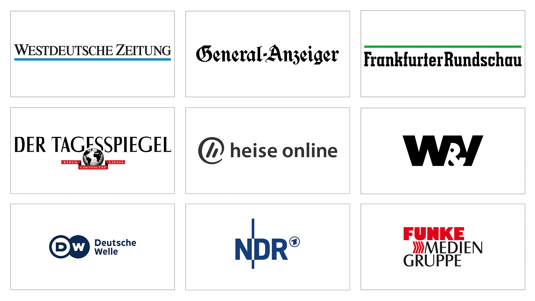 Logos verschiedener Publikationen: Westdeutsche Zeitung, General-Anzeiger, Frankfurter Rundschau, Tagesspiegel, Heise online, W&V, Deutsche Welle, NDR, Funke Mediengruppe