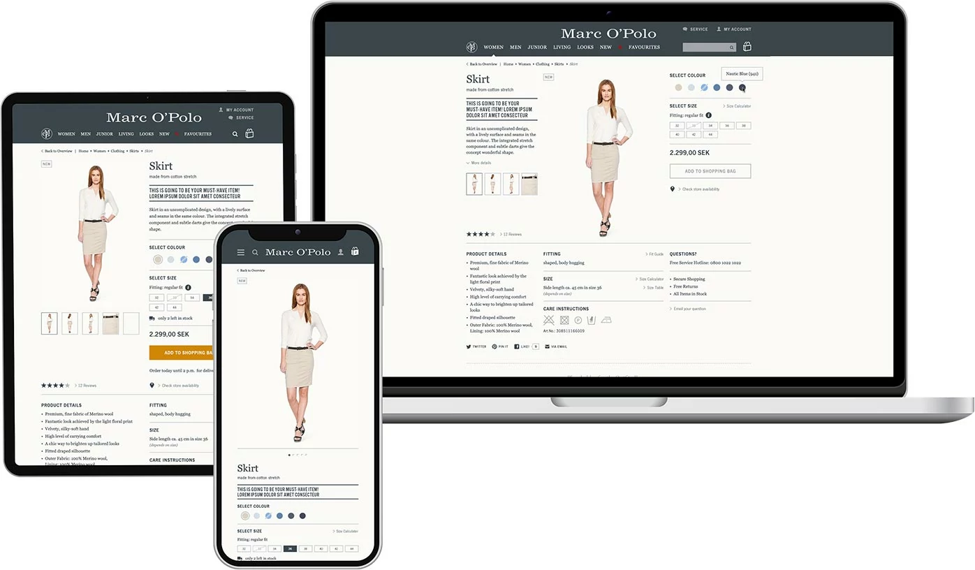 Display of a product detail page in the store on different sized devices