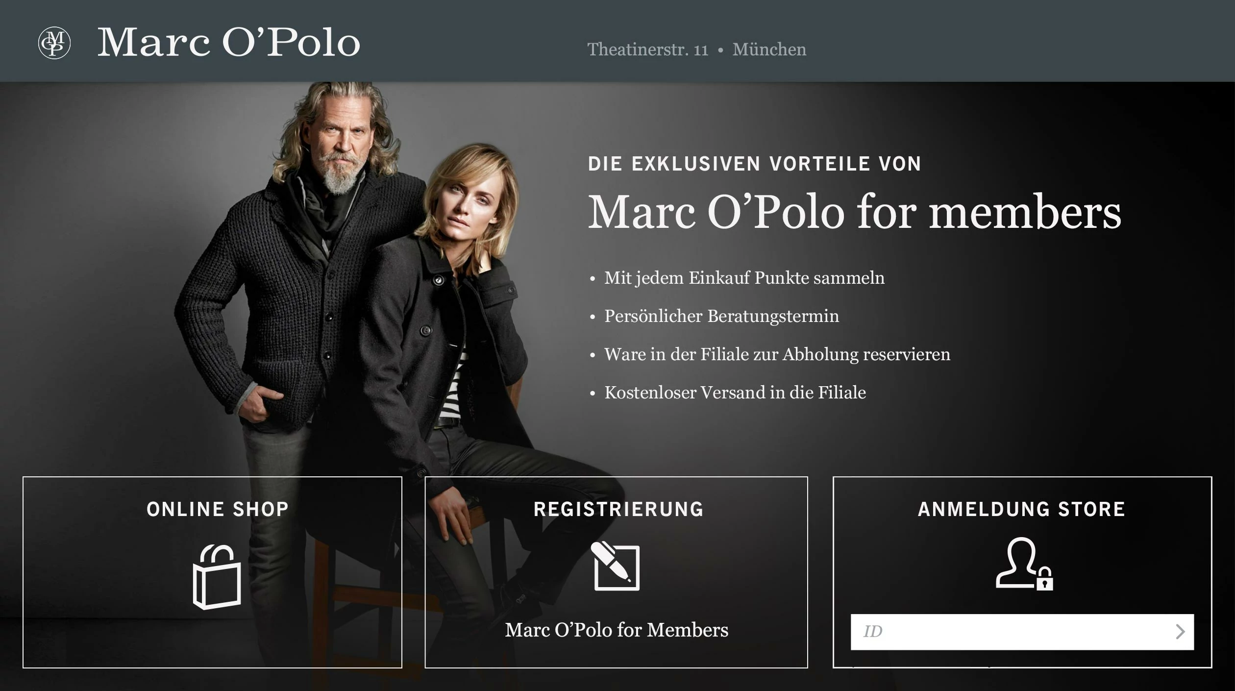 Startseite der Verkäufer App mit Login und Registrierung. Auf dem Hintergrundbild sind Jeff Bridges und Uma Thurman zu sehen.