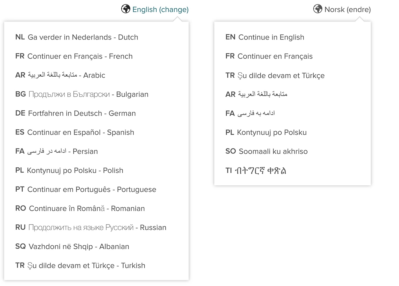 Zwei Screenshots, die jeweils eine Liste der bei Zanzu in Deutschland und Norwegen verfügbaren Sprachen zeigen.