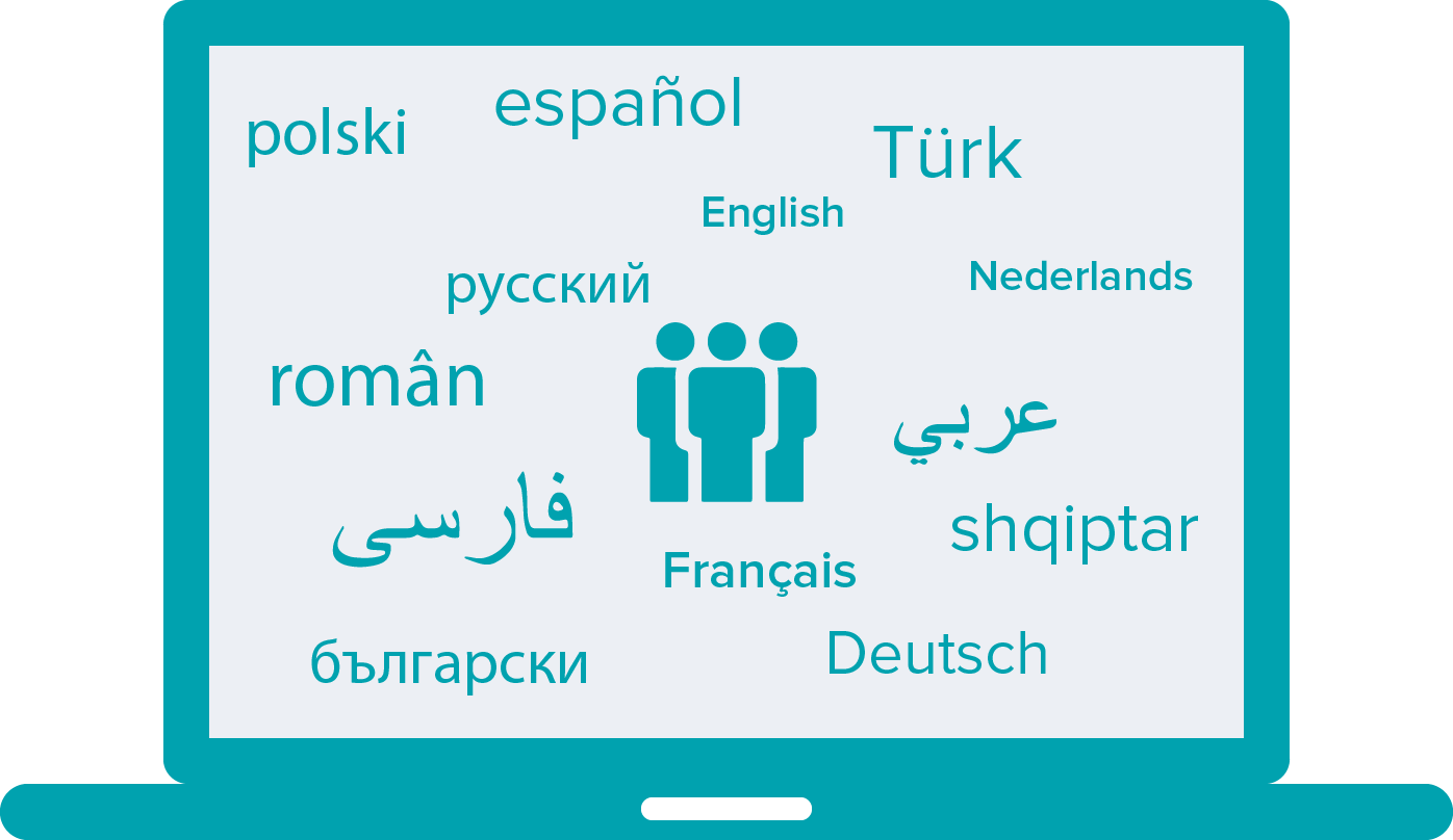 Illustration eines Laptops, auf dessen Bildschirm Wörter in verschiedenen Sprachen gezeigt wird.