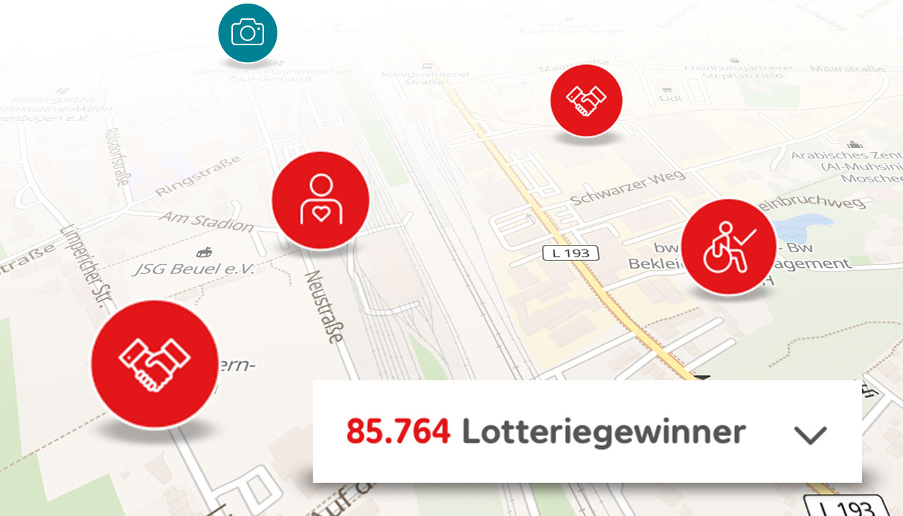 Kartenausschnitt mit Anzeige der Zahl der dortigen Lotteriegewinner