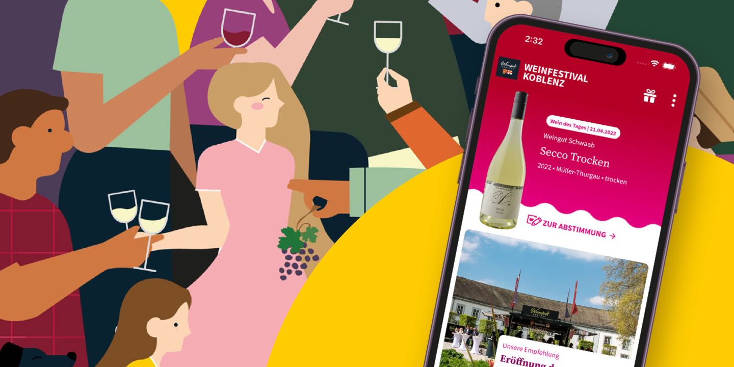 An abstract color illustration with three people. Two of the people are holding a wine glass. A smartphone with the wine festival app lies on the illustration