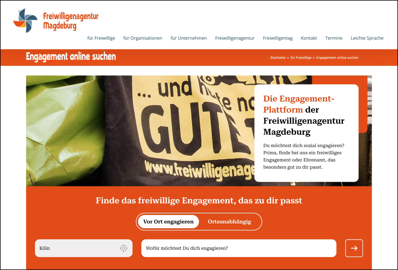 Overlays of the start page of the engagement platforms on different websites with different designs: Freilich Bayern, Freiwilligenagentur Magdeburg and Freiwilligenagentur Würzburg