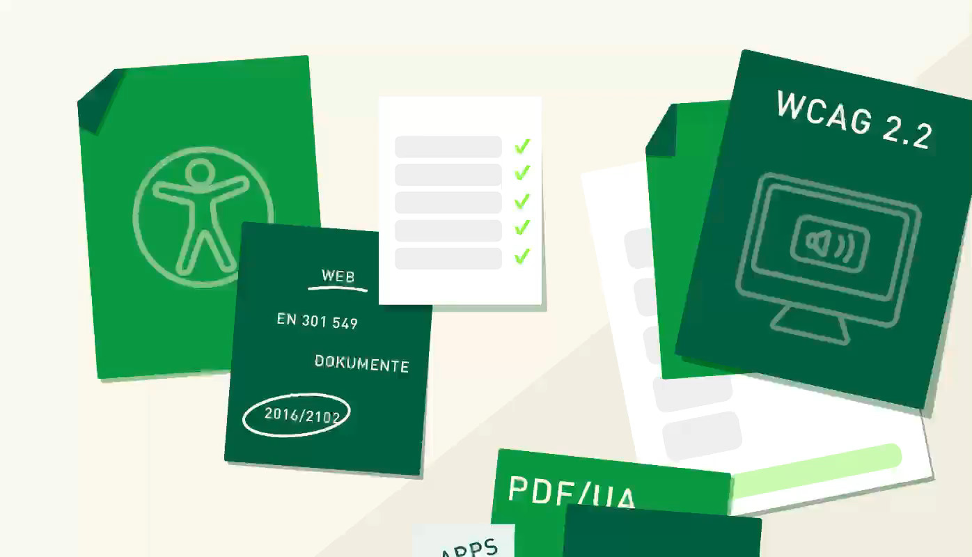 Illustration verschiedener Dokumente und Checklisten zu digitaler Barrierefreiheit