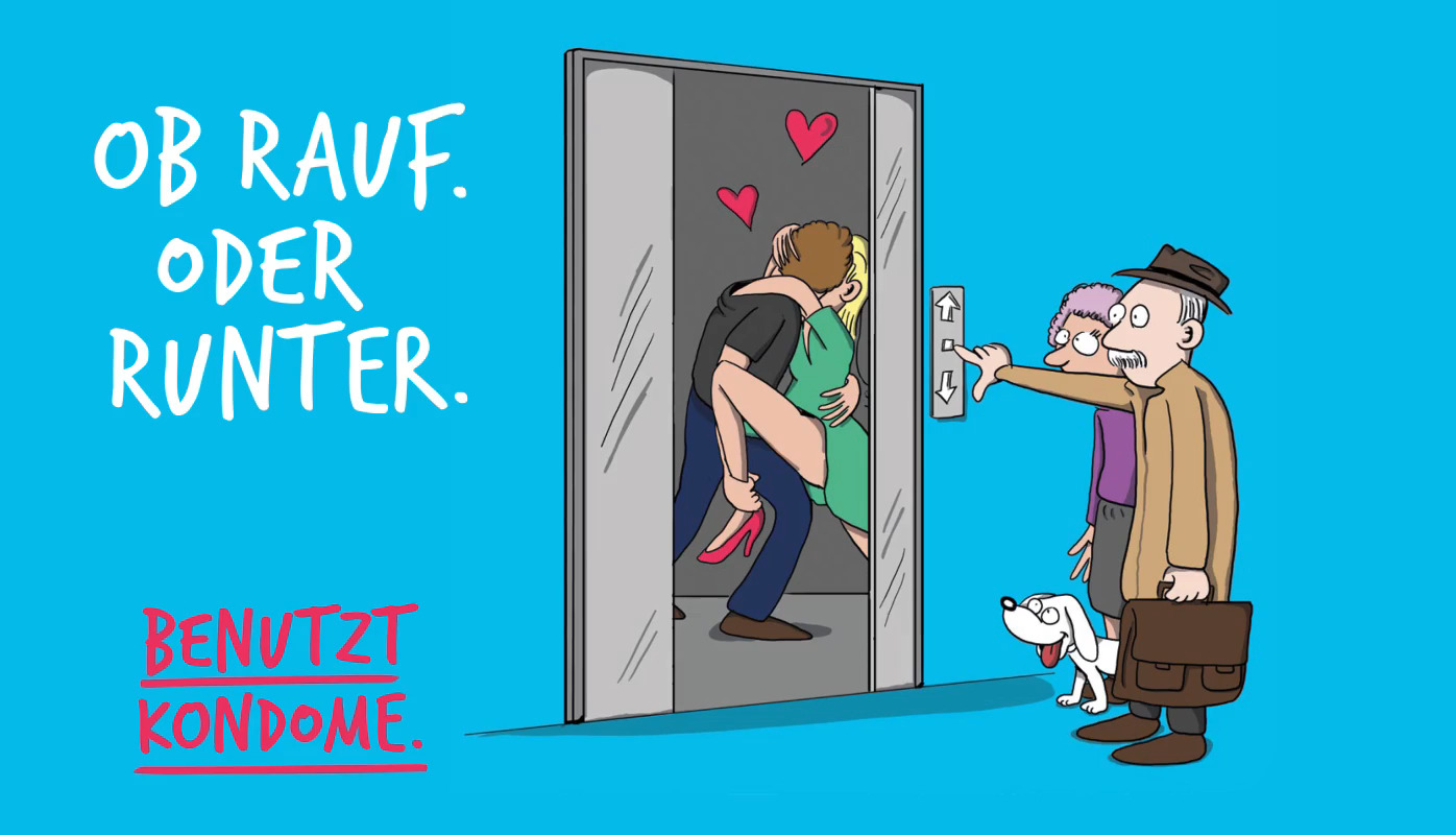 Eine Animation zeigte verschiedene Motive der Cartoon-Kampagne im Postkartenformat, die durchrotieren. Die Motive enthalten jeweils eine comicartige Darstellung von Menschen und jeweils einen Slogan, um auf die Nutzung von Kondomen hinzuweisen oder den Kontakt zum Arzt zu suchen.