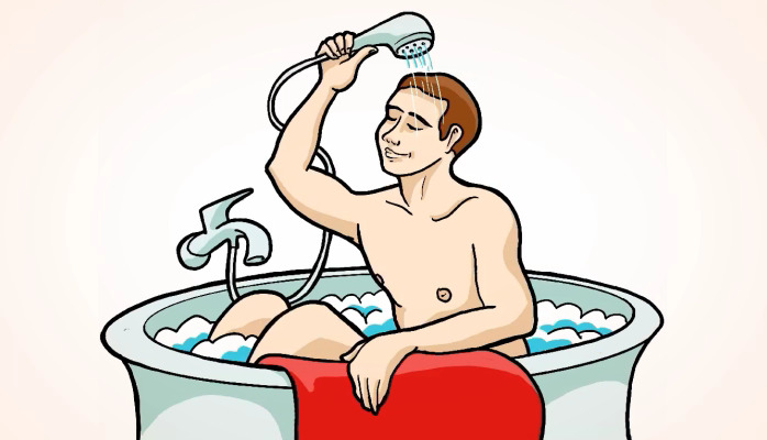 Eine Animation, die schrittweise zeigt, wie eine Illustration von einem Mann in einer Badewanne entsteht.