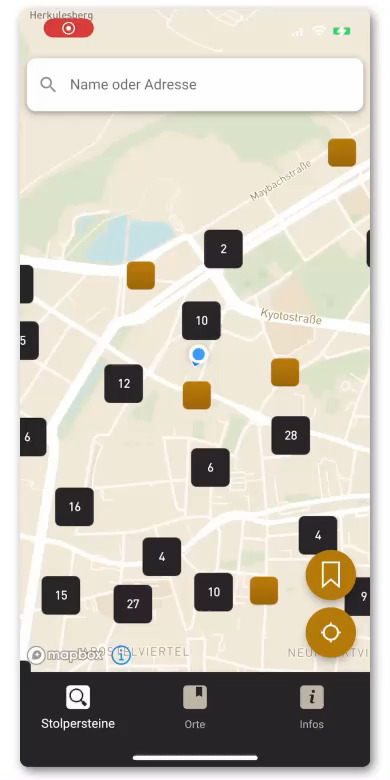 Animation des Nutzungsflusses auf der Smartphone App: von der eingezoomten Karte, zur Darstellung des einzelnen Stolpersteins und der Anzeige eines Umgebungsfotos