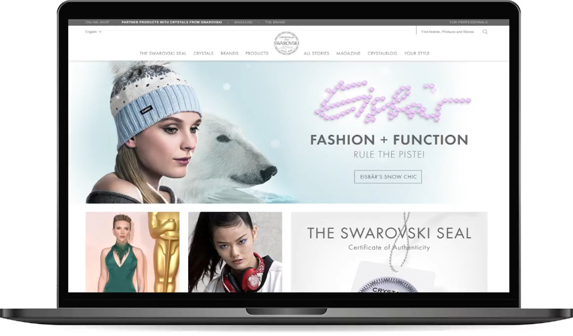 Animated homepage of the Crystals from Swarovski website in a laptop