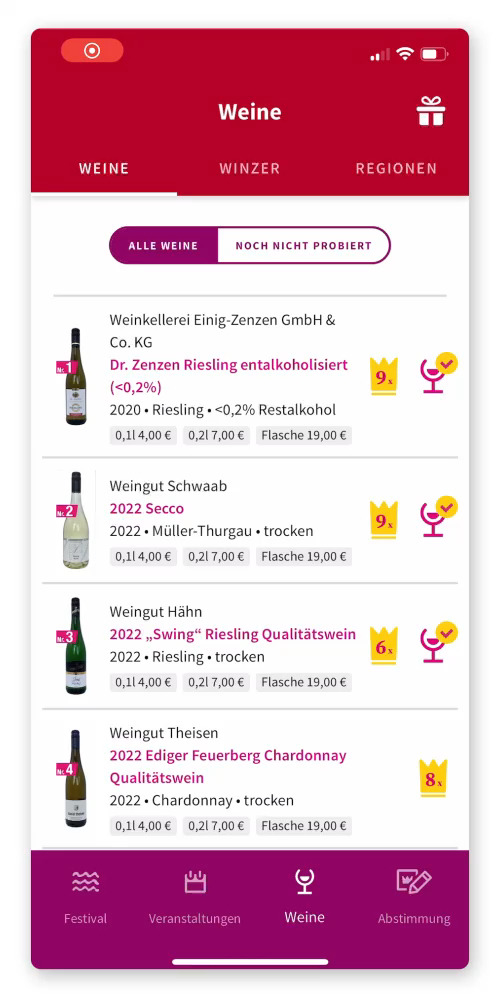 Animation of different states of the wine app: a list view, a detailed view of a wine and the vote for the so-called Weinkaiser